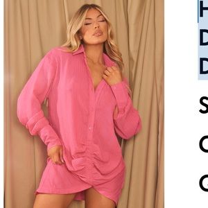 Hot Pink Textured Gathered Detail Long Sleeve Shirt Dress